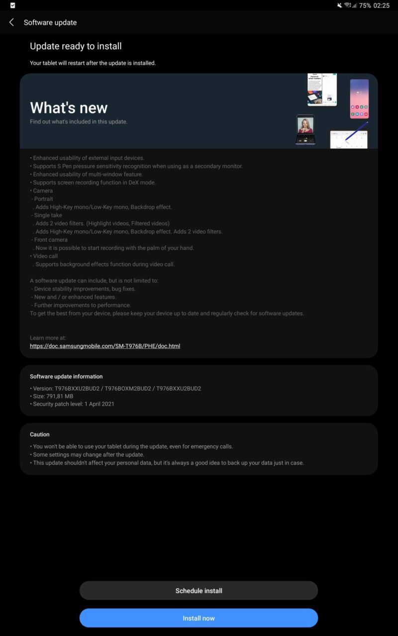 Samsung Galaxy Tab S7 Plus April 2021 Security Update Changelog