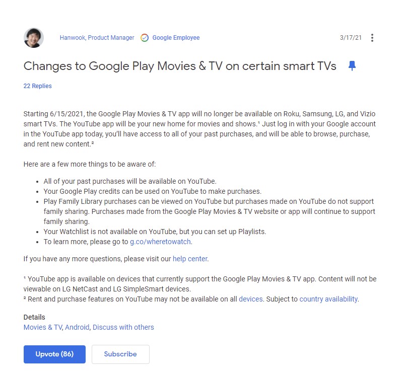 Samsung Tizen Smart TV Google Play Movies & TV App Shutting Down Announcement