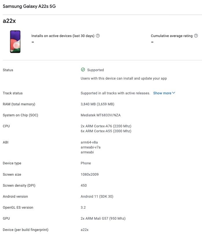 Samsung Galaxy A22 5G Specifications Google Play Console