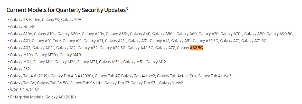 Samsung Galaxy A82 5G Software Update Schedule