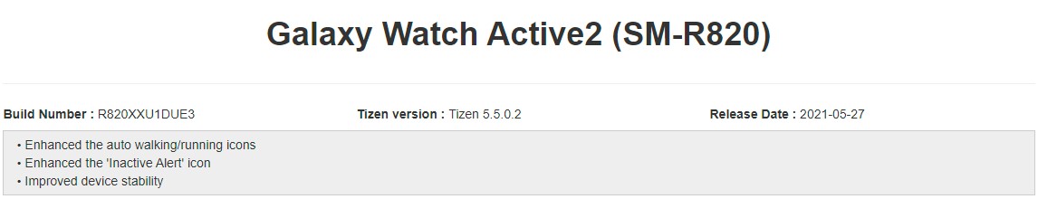 Samsung Galaxy Watch Active 2 Software Update May 2021 Changelog