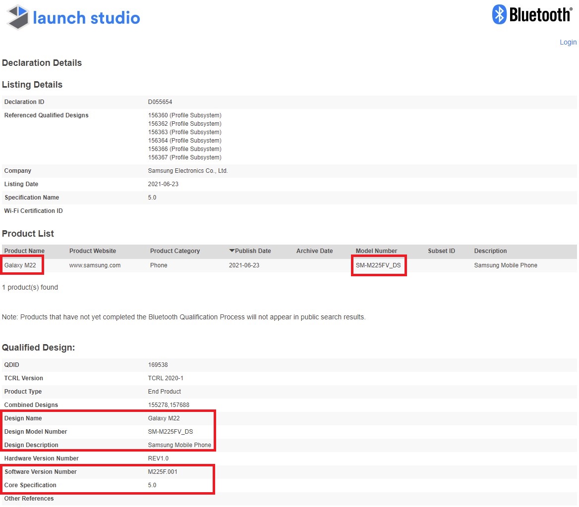 Samsung Galaxy M22 SM-M225FV_DS Bluetooth Certification