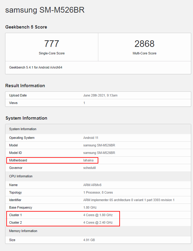 Samsung Galaxy M52 5G Snapdragon 778G GeekBench