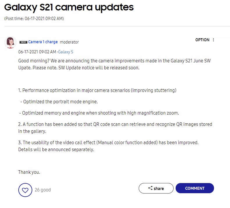 Samsung Galaxy S21 Camera Improvement June 2021 Software Update