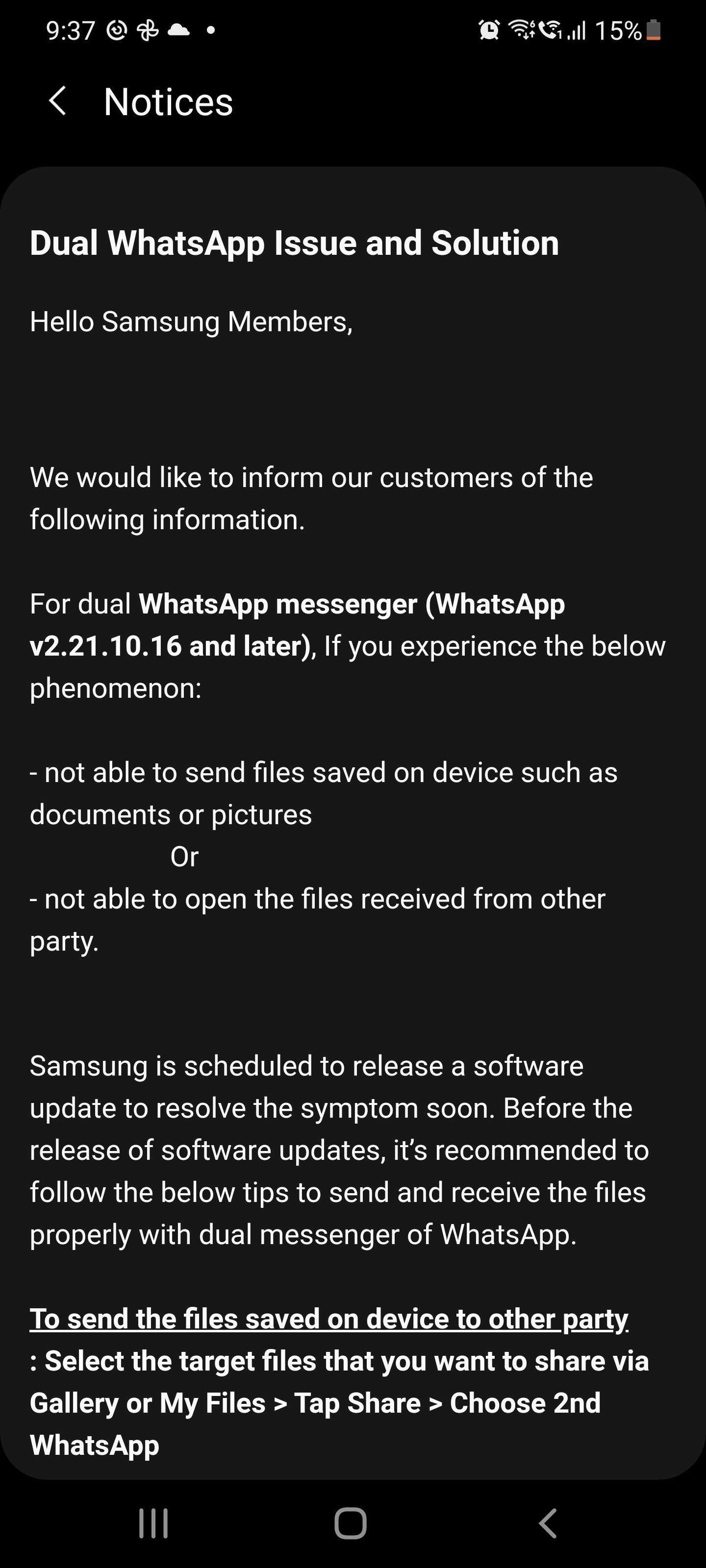 Samsung Dual Messenger WhatsApp File Sharing Issue