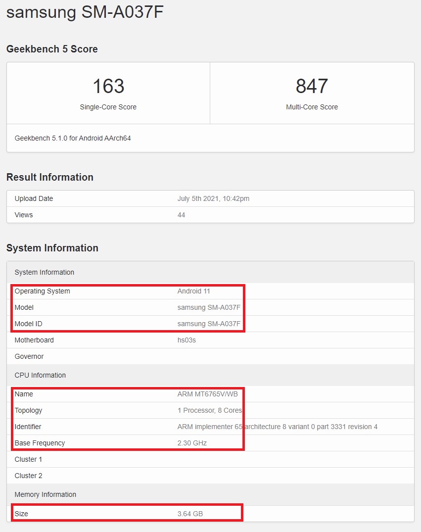 Samsung Galaxy A03s MediaTek Helio G35 Processor 4GB RAM Geekbench