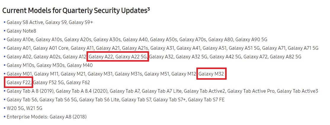 Samsung Galaxy A22 5G, M32, F22 Software Update Schedule