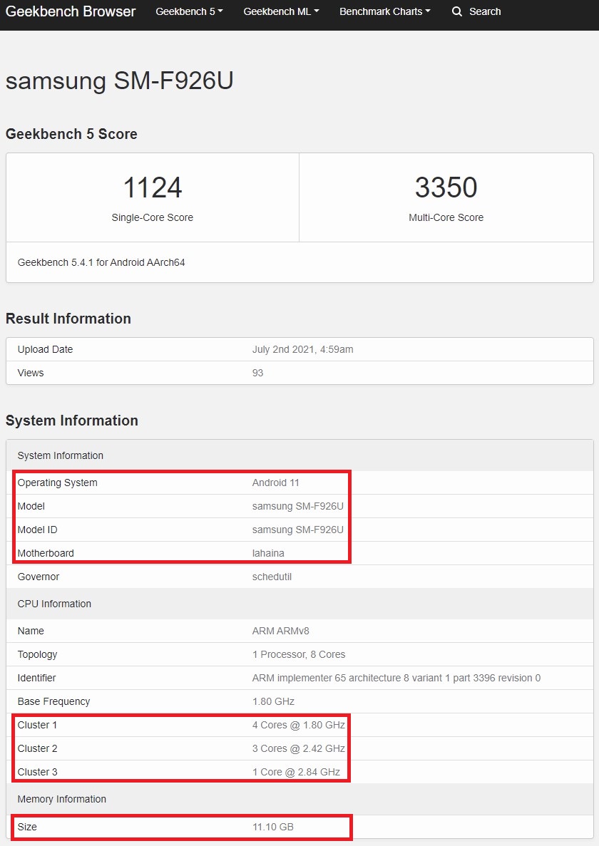 Samsung Galaxy Z Fold 3 Snapdragon 888 Geekbench