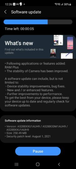Samsung Galaxy A52s 5G August 2021 Security Update