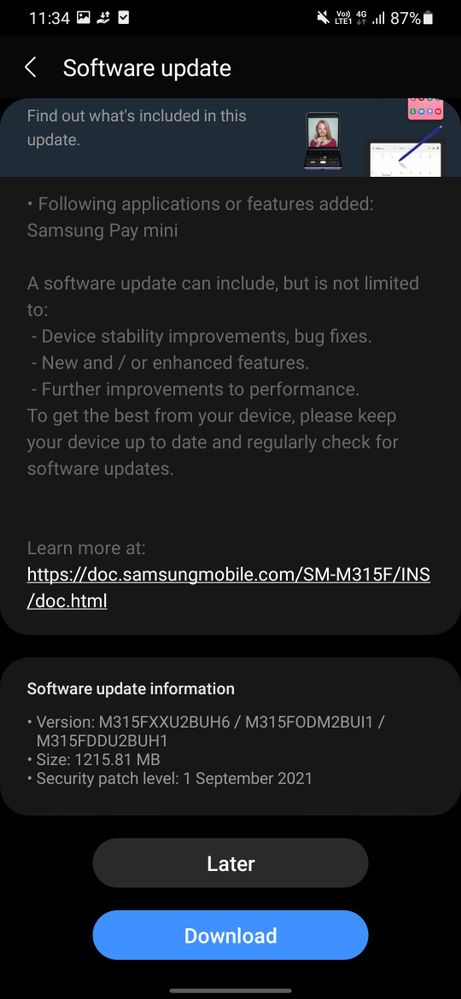 Samsung Galaxy M31 September 2021 Update Samsung Pay Mini