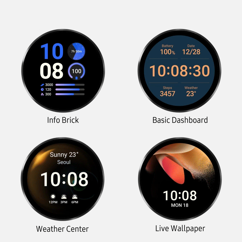 Samsung Galaxy Watch 4 Info Brick, Basic Dashboard, Weather Center, Live Wallpaper Watch Faces