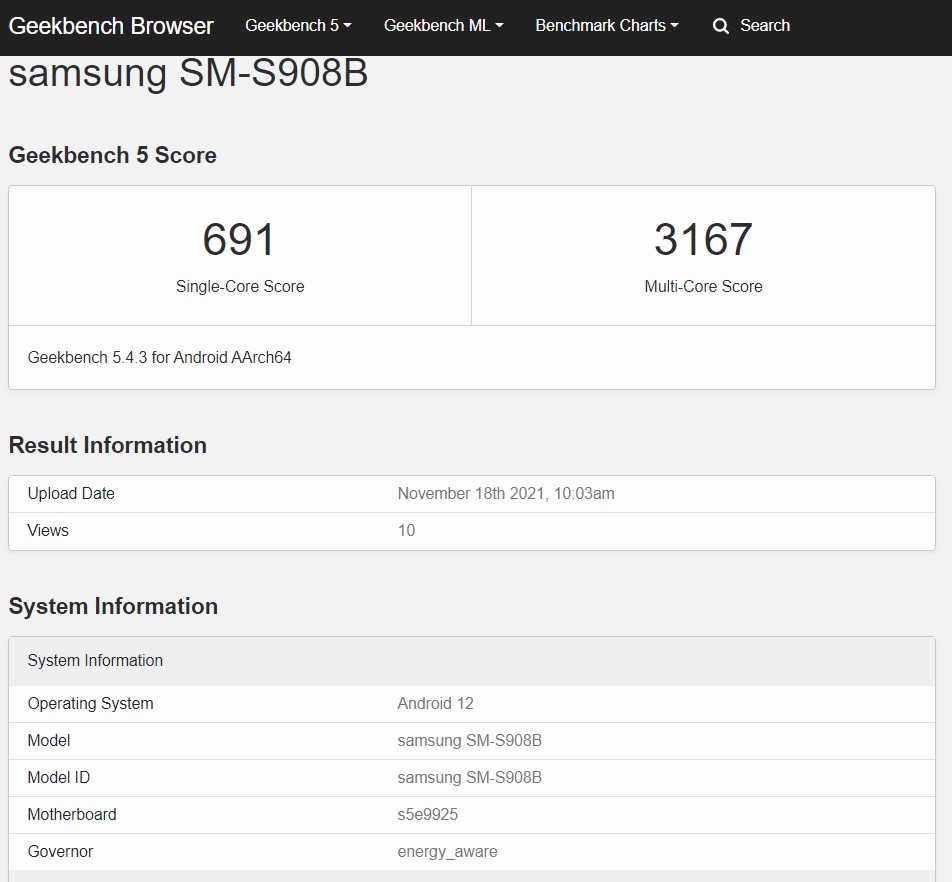 Samsung Galaxy S22 Ultra Exynos 2200 Geekbench