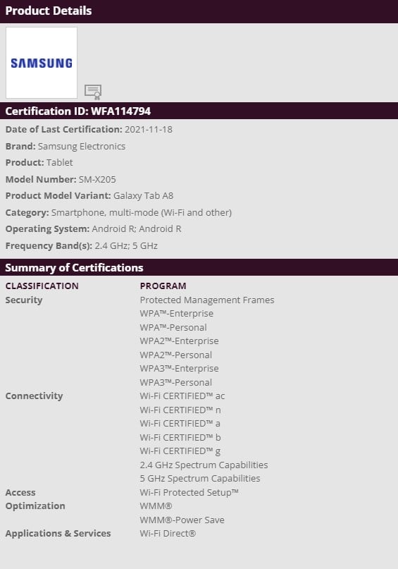 Samsung Galaxy Tab A8 (2021) Wi-Fi Certification