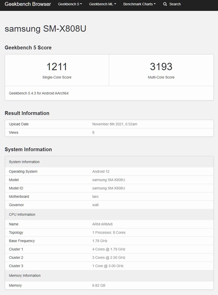 Samsung Galaxy Tab S8+ Snapdragon 898 Processor Benchmark Score Geekbench