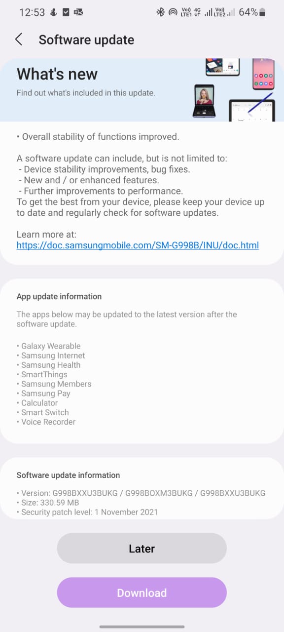 Samsung Galaxy S21 Ultra One UI 4.0 Second Update