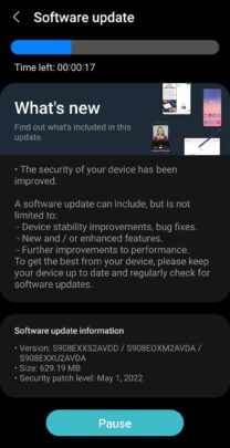 Log perubahan pembaruan patch keamanan Samsung Galaxy S22 Ultra Mei 2022