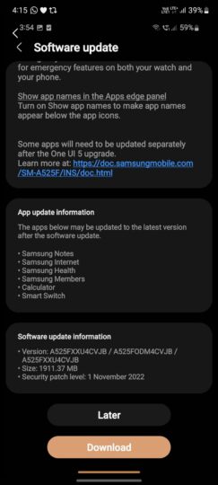 Registro de cambios de actualización de Android 13 de Samsung Galaxy A52 India