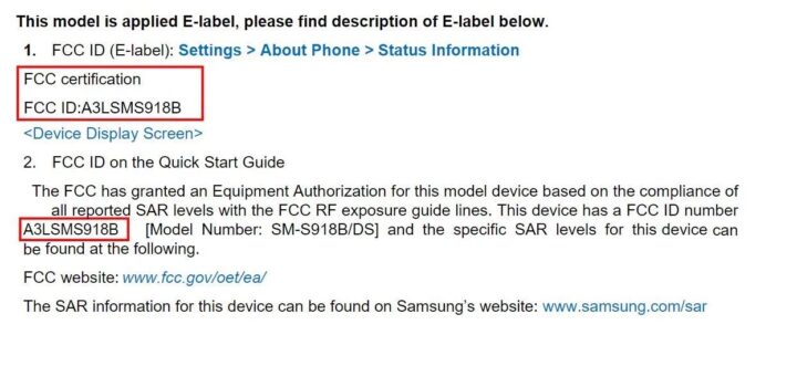 Eticheta Samsung Galaxy S23 Ultra FCC
