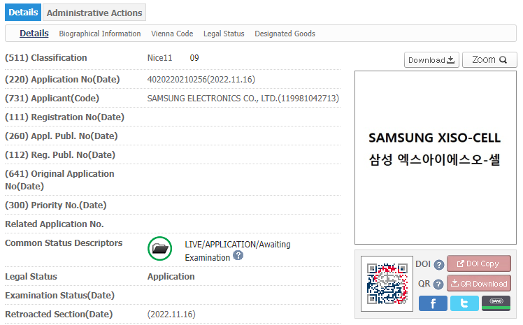 Samsung XISO-CELL Trademark Application