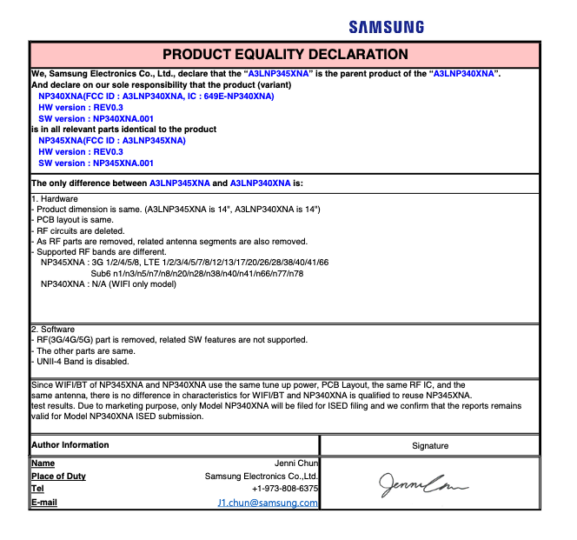 Samsung Galaxy Book 2 Go and Galaxy Book 2 Go 5G FCC (5G Bands)