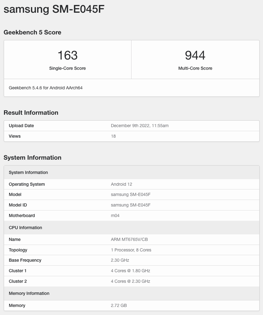 Samsung Galaxy E04s Geekbench Score