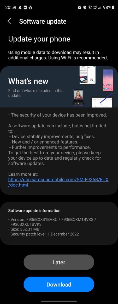 Actualizare de securitate Samsung Galaxy Z Fold 4 decembrie 2022