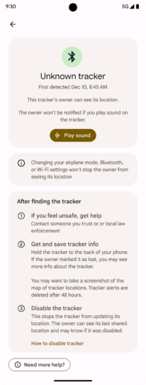 Google Android Unknown Tracker Alerts options