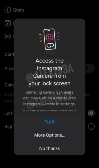 Samsung Galaxy Утечка ярлыка камеры Instagram на экране блокировки S24