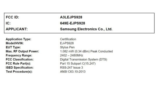 Samsung Galaxy S24 Ultra S ペンは FCC 認定を受けており、RF 電源を搭載しています