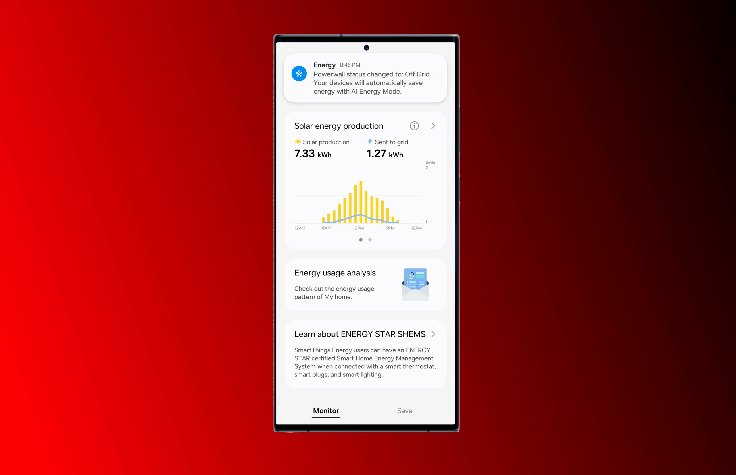 image of mobile phone with smartthings app alerting tesla powerwall status and ai energy mode activation featured