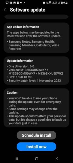 Samsung Galaxy M13 Android 14 One UI 6.0 Обновление Индия Журнал изменений