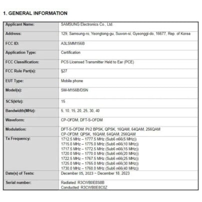 Samsung Galaxy M15 5G FCC Specifications