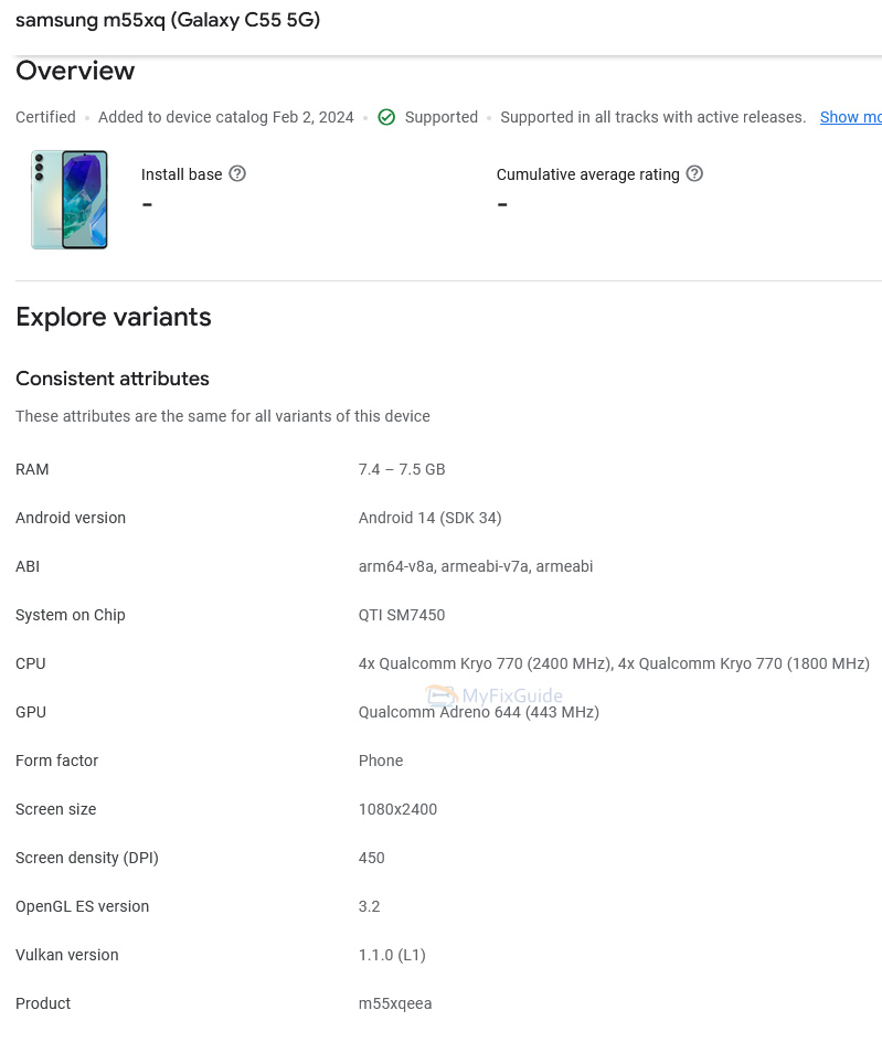 Galaxy C55 specs Google Play Console