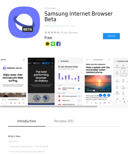 Samsung Internet Beta version 26.0.0.19 changelog