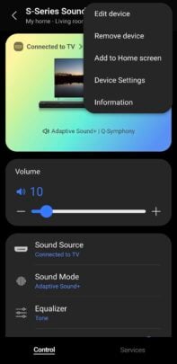 A screenshot detailing the steps to update the soundbar firmware in SmartThings 1/4