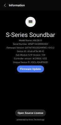 A screenshot detailing the steps to update the soundbar firmware in SmartThings 2/4
