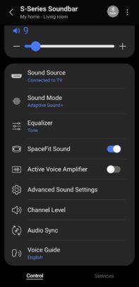 A SmartThings screenshot showing soundbar features.