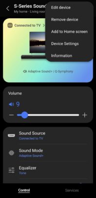 A SmartThings screenshot showing how you can add a soundbar shortcut widget to your home screen.