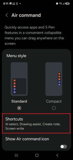 Galaxy S25 settings: Air Command
