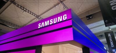 samsung logo with purple background on a billboard