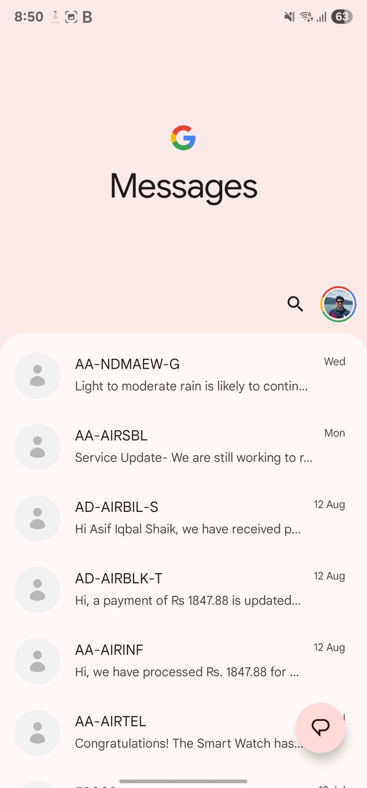 google messages material 3 expressive home page light