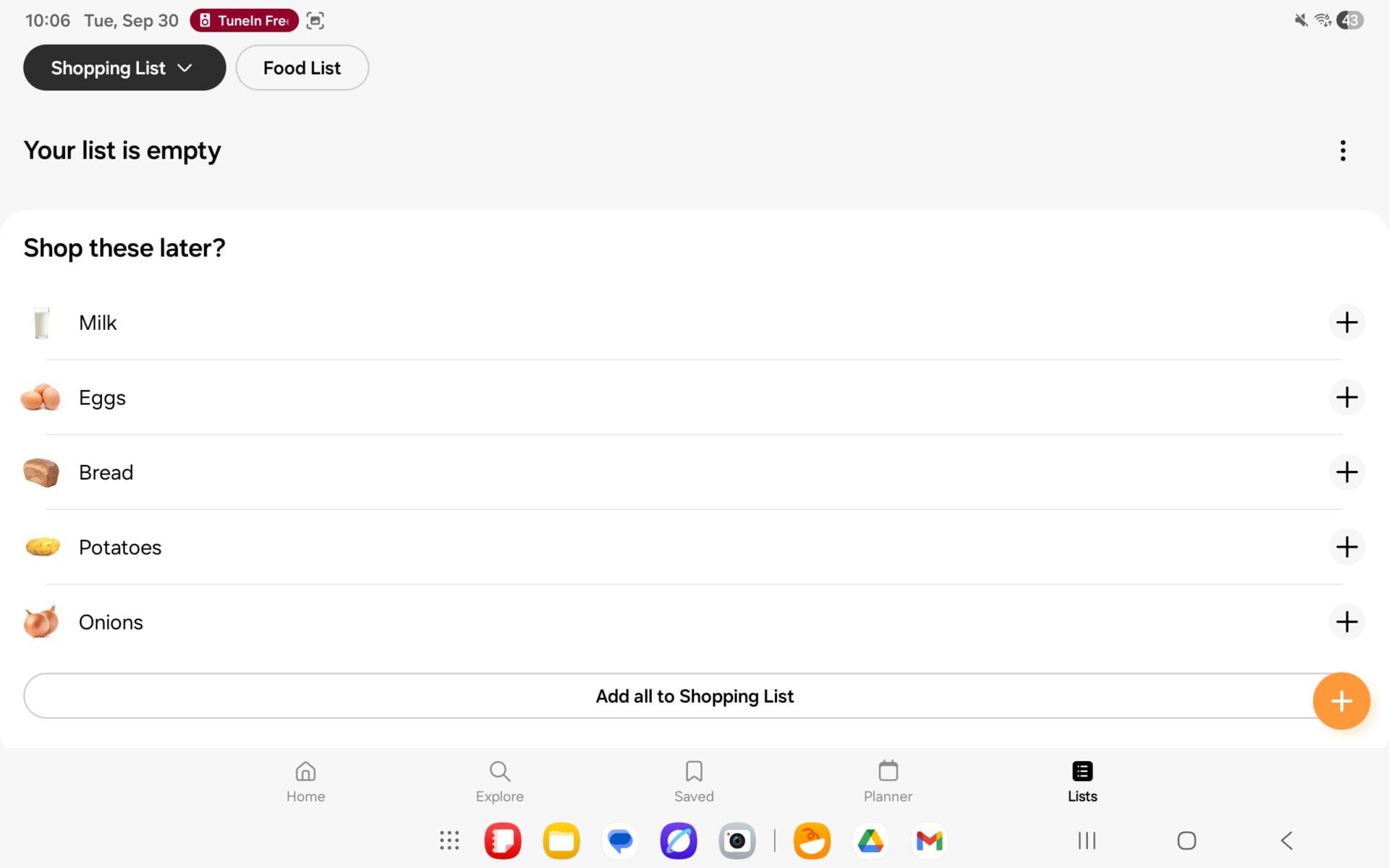 samsung food app shopping list page galaxy tab s11 september 2025