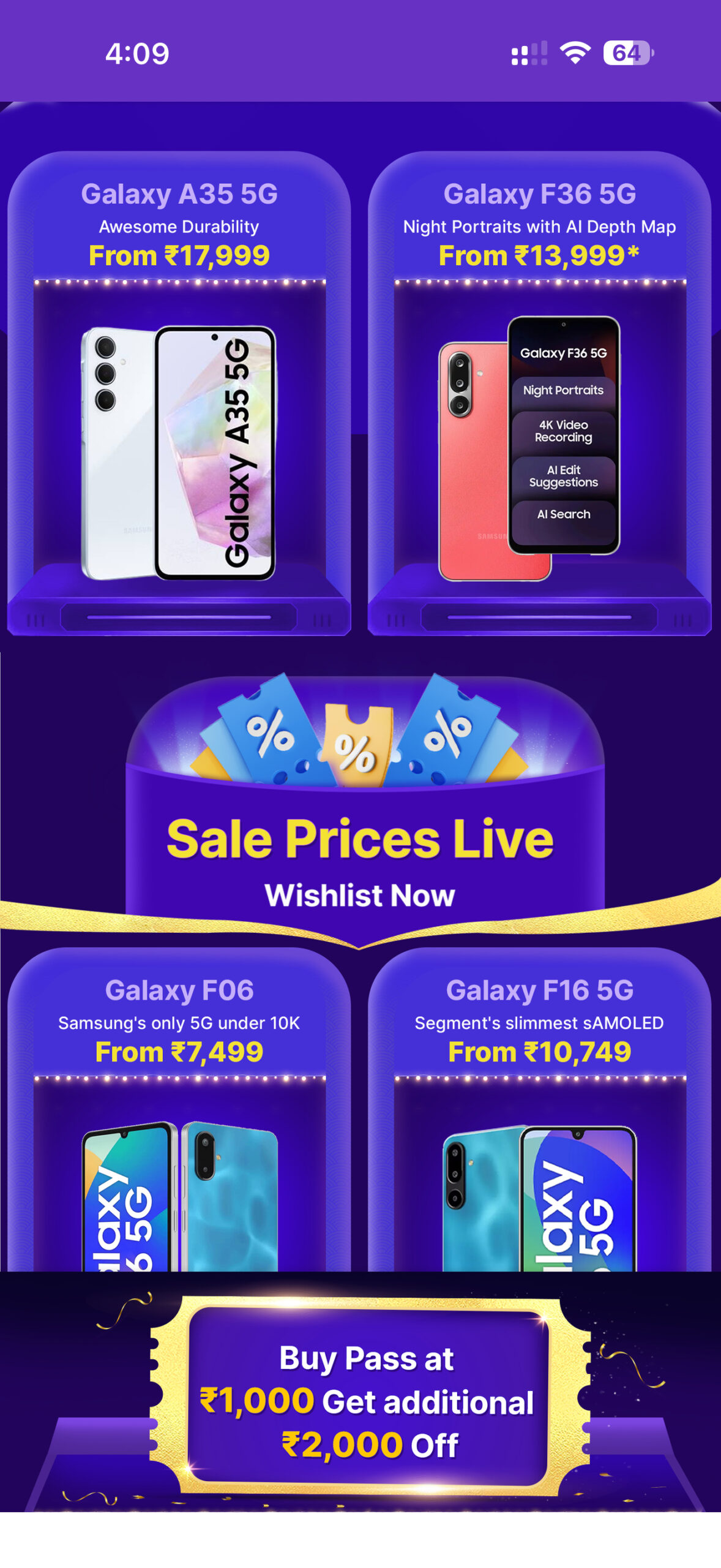 samsung galaxy a35 5g, galaxy f36 5g, galaxy f16 5g, and galaxy f06 deals during flipkart big billion days 2025