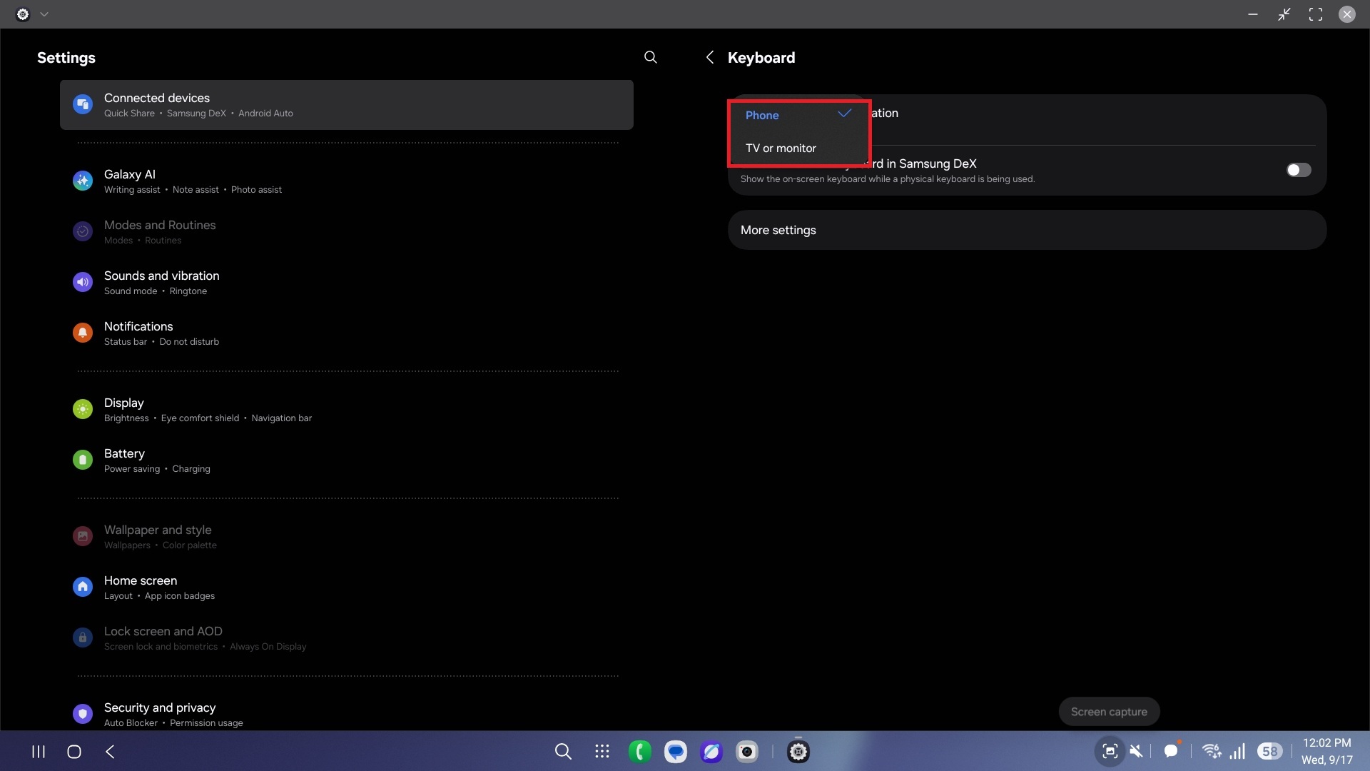 samsung one ui 8.0 dex on-screen keyboard location setting