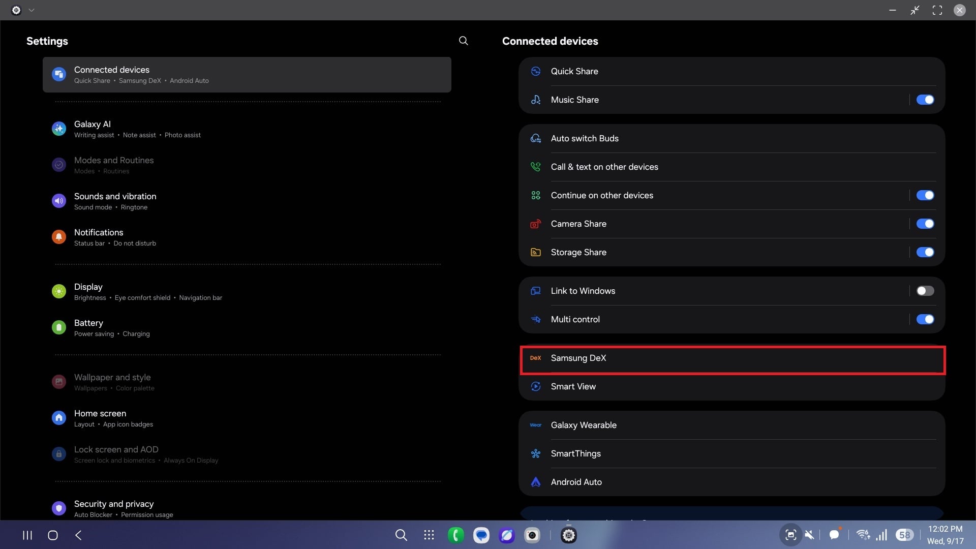 samsung one ui 8.0 dex settings section