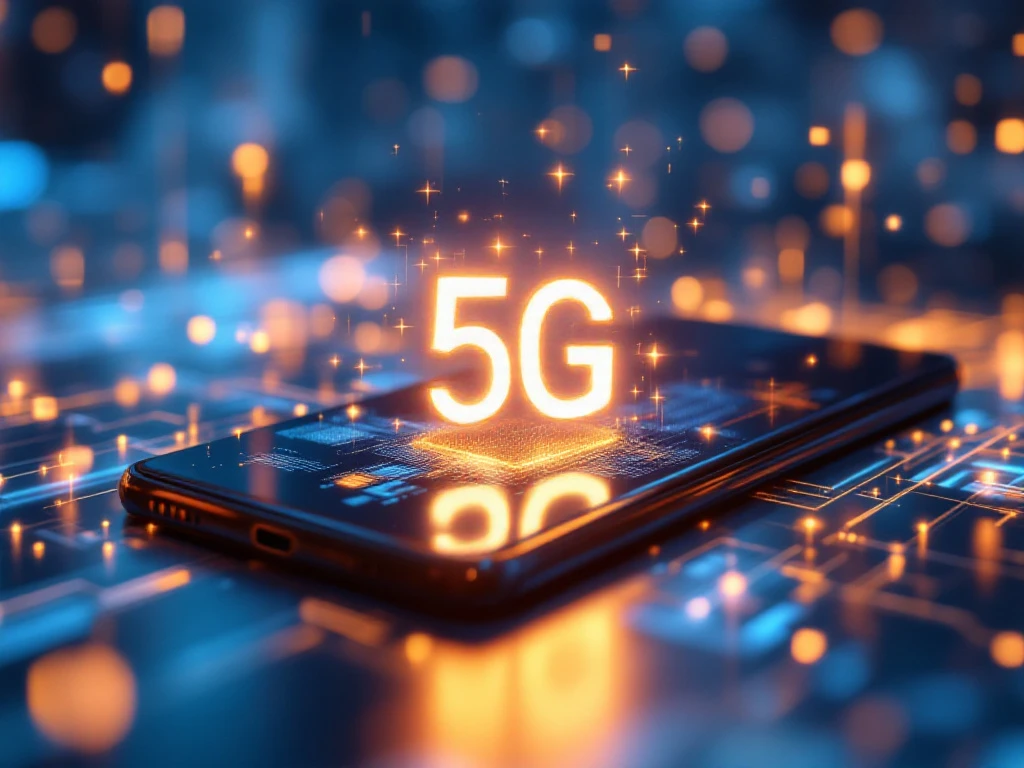 smartphone displaying glowing 5g connectivity bars with holographic network nodes and light rays on blue tech background