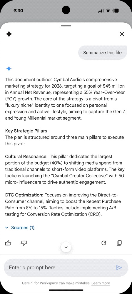 google drive android app gemini integration summarize file