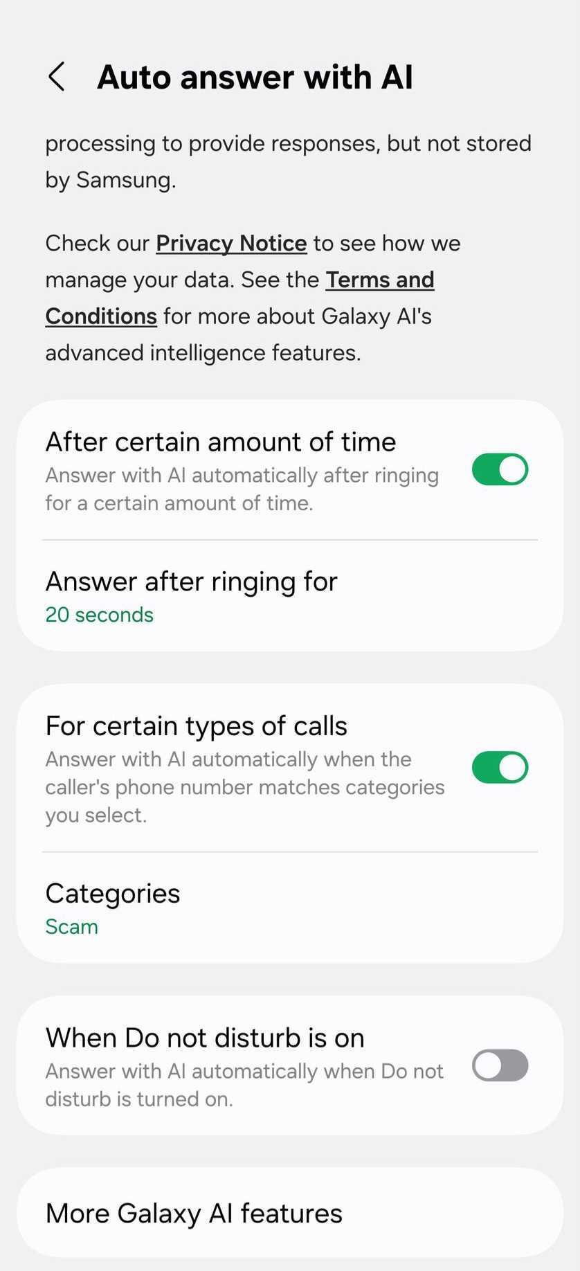 one ui 8.5 leak call assista auto answer with ai settings categories