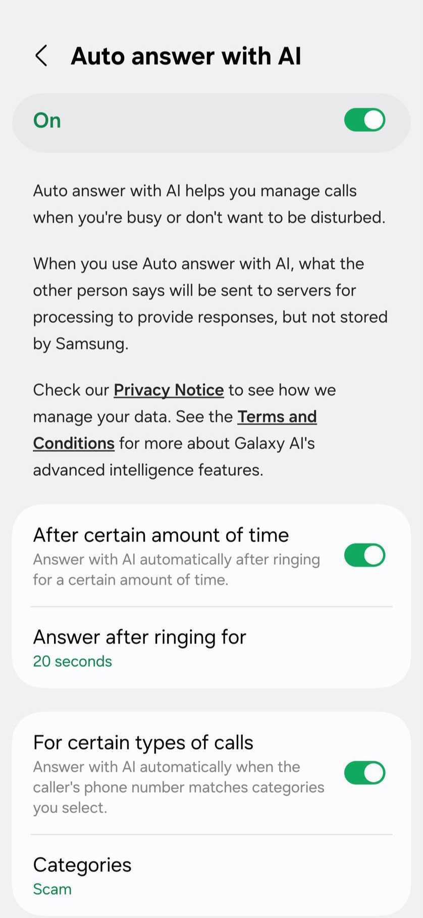 one ui 8.5 call assist leak auto answer with ai settings