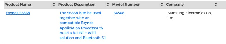 samsung exynos s6568 bluetooth 6.1 and wifi chip